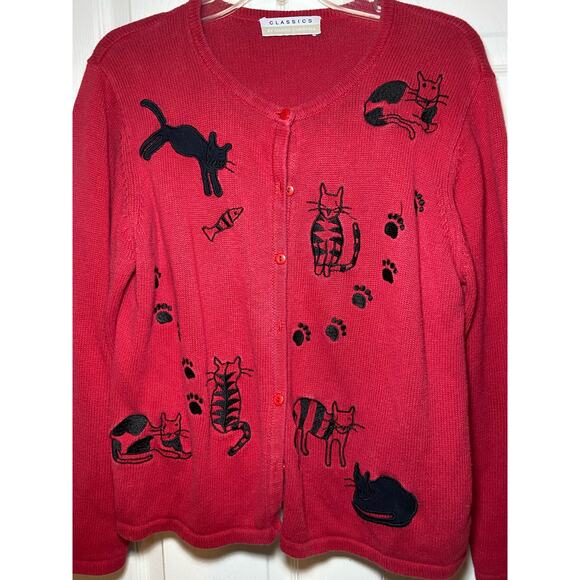 Vintage Marisa Christina Classics sweater. Red with cat and prints. Size large. - Picture 4 of 5